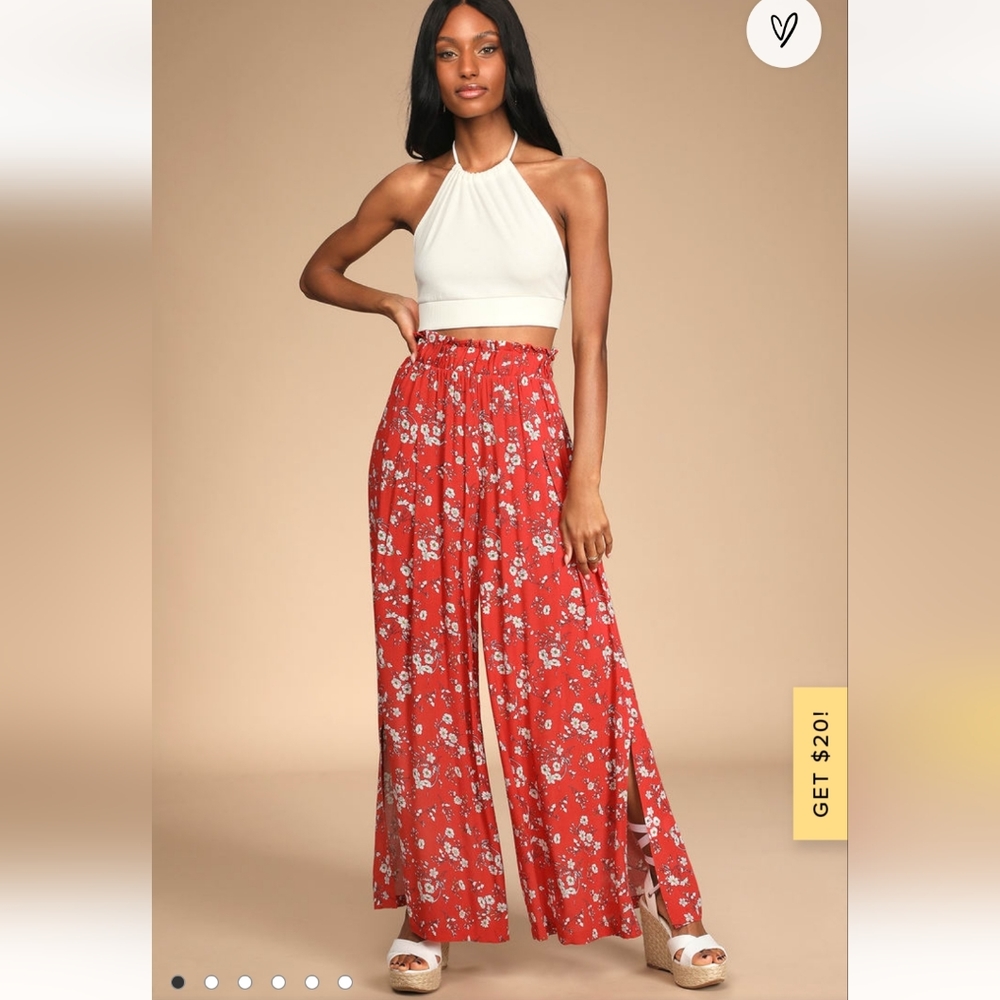 Lulu's Loves The Sun Red Floral Wide Leg Pants NWT Small